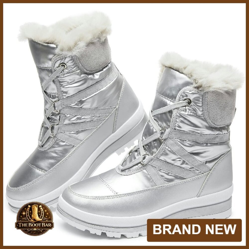 Warm Fur Lined Mid-Calf Waterproof Snow Boots Non-Slip Lace Up - Picture 1 of 8
